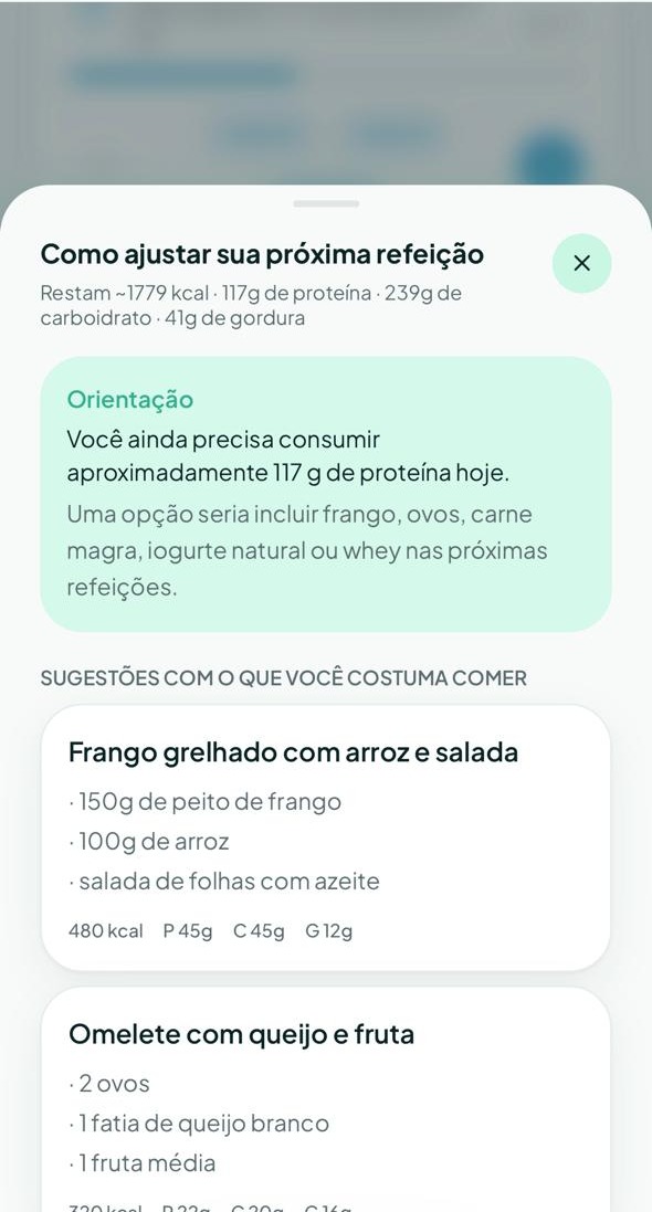 Painel diário de calorias e macros do aplicativo