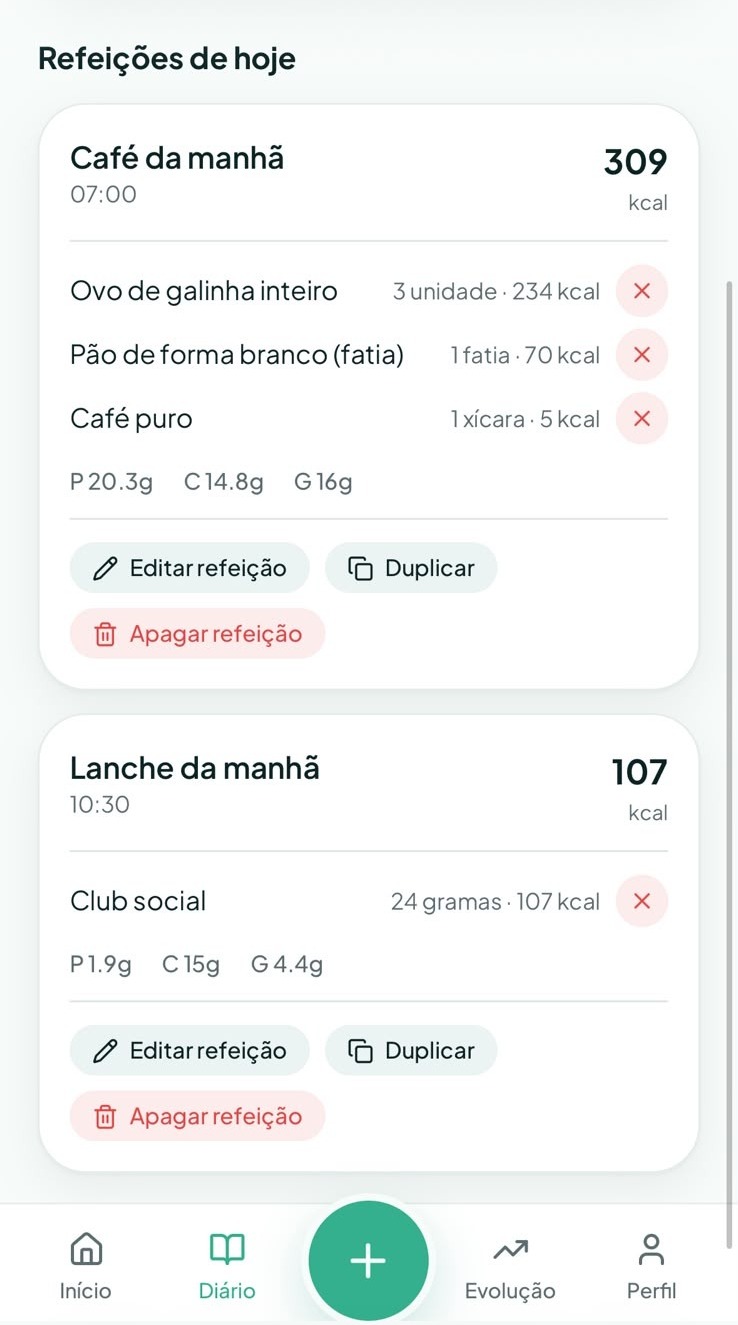Diário com as refeições registradas
